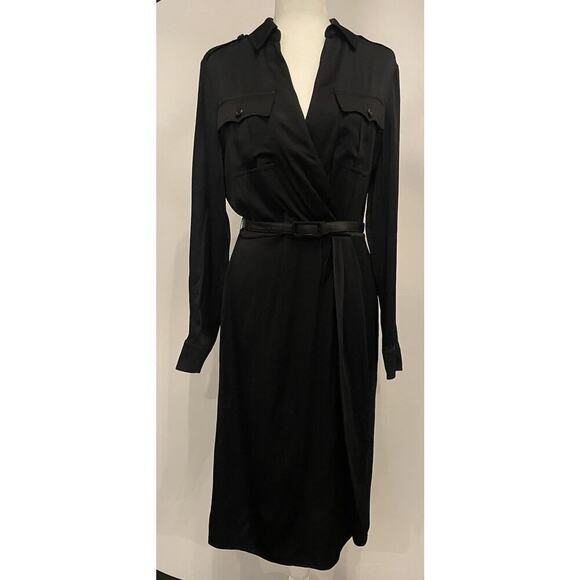 Ralph Lauren Purple Label Shirt Dress Midi Long Sleeve Pocket Collared Satin 8 M - Picture 15 of 16